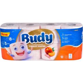   BUDY Háztartási toalettpapír 3 rétegű, cellulóz, barack illat, 8 tekercs/csomag