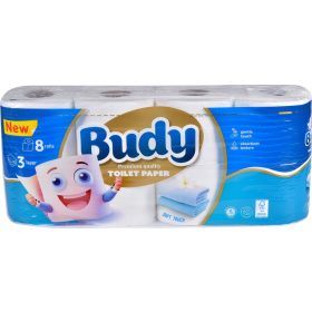   BUDY Háztartási toalettpapír 3 rétegű, cellulóz, soft, illat mentes, 8 tekercs/csomag