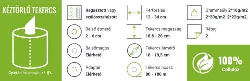 Közületi kéztörlőpapír 100 m, 2 rétegű, 19 cm mag nélküli cellulóz, átmérő 19 cm, 6 tekercs/csomag