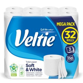   Veltie SoftWhite Mega 3 rétegű, 100% cellulóz háztartási toalettpapír, 32 tekercs/csomag