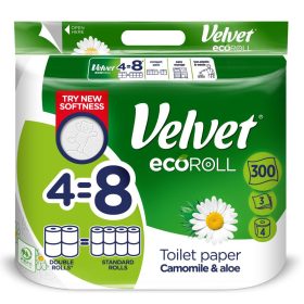   Velvet EcoRoll 3 rétegű, 100% cellulóz, kamilla illatú, extra hosszú háztartási toalettpapír, 4 tekercs/csomag