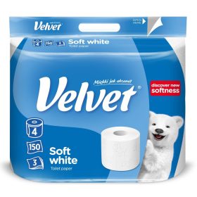   Velvet Soft White 3 rétegű, 100% cellulóz háztartási toalettpapír, 4 tekercs/csomag