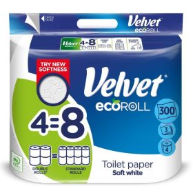   Velvet EcoRoll 3 rétegű, 100% cellulóz, extra hosszú háztartási toalettpapír, 4 tekercs/csomag
