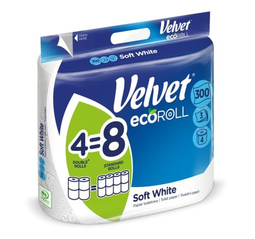 Velvet EcoRoll 3 rétegű, 100% cellulóz, extra hosszú háztartási toalettpapír, 4 tekercs/csomag