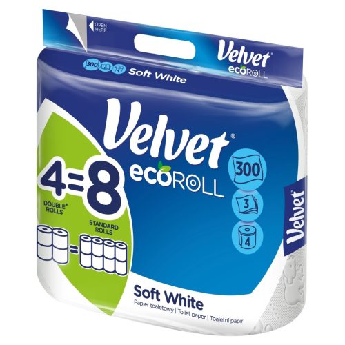 Velvet EcoRoll 3 rétegű, 100% cellulóz, extra hosszú háztartási toalettpapír, 4 tekercs/csomag