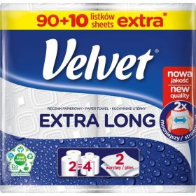   Velvet Extra Long 2 rétegű, 100% cellulóz konyhai papírtörlő,2 tekercs/csomag